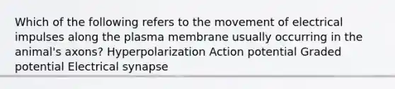 Which of the following refers to the movement of electrical impulses along the plasma membrane usually occurring in the animal's axons? Hyperpolarization Action potential Graded potential Electrical synapse