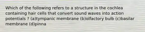 Which of the following refers to a structure in the cochlea containing hair cells that convert sound waves into action potentials ? (a)tympanic membrane (b)olfactory bulb (c)basilar membrane (d)pinna