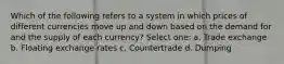 Which of the following refers to a system in which prices of different currencies move up and down based on the demand for and the supply of each currency? Select one: a. Trade exchange b. Floating exchange rates c. Countertrade d. Dumping