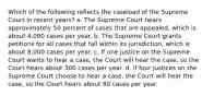 Which of the following reflects the caseload of the Supreme Court in recent years? a. The Supreme Court hears approximately 50 percent of cases that are appealed, which is about 4,000 cases per year. b. The Supreme Court grants petitions for all cases that fall within its jurisdiction, which is about 8,000 cases per year. c. If one justice on the Supreme Court wants to hear a case, the Court will hear the case, so the Court hears about 300 cases per year. d. If four justices on the Supreme Court choose to hear a case, the Court will hear the case, so the Court hears about 80 cases per year.