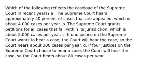 Which of the following reflects the caseload of the Supreme Court in recent years? a. The Supreme Court hears approximately 50 percent of cases that are appealed, which is about 4,000 cases per year. b. The Supreme Court grants petitions for all cases that fall within its jurisdiction, which is about 8,000 cases per year. c. If one justice on the Supreme Court wants to hear a case, the Court will hear the case, so the Court hears about 300 cases per year. d. If four justices on the Supreme Court choose to hear a case, the Court will hear the case, so the Court hears about 80 cases per year.