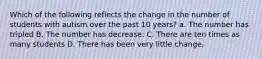 Which of the following reflects the change in the number of students with autism over the past 10 years? a. The number has tripled B. The number has decrease. C. There are ten times as many students D. There has been very little change.