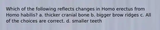 Which of the following reflects changes in Homo erectus from Homo habilis? a. thicker cranial bone b. bigger brow ridges c. All of the choices are correct. d. smaller teeth