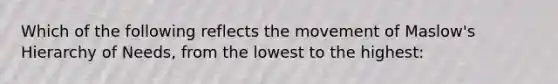 Which of the following reflects the movement of Maslow's Hierarchy of Needs, from the lowest to the highest: