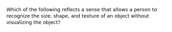 Which of the following reflects a sense that allows a person to recognize the size, shape, and texture of an object without visualizing the object?