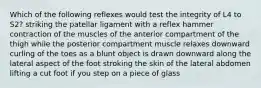 Which of the following reflexes would test the integrity of L4 to S2? striking the patellar ligament with a reflex hammer contraction of the muscles of the anterior compartment of the thigh while the posterior compartment muscle relaxes downward curling of the toes as a blunt object is drawn downward along the lateral aspect of the foot stroking the skin of the lateral abdomen lifting a cut foot if you step on a piece of glass