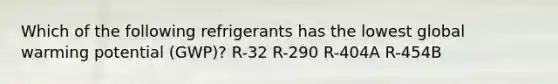 Which of the following refrigerants has the lowest global warming potential (GWP)? R-32 R-290 R-404A R-454B