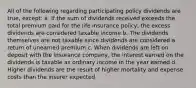 All of the following regarding participating policy dividends are true, except: a. If the sum of dividends received exceeds the total premium paid for the life insurance policy, the excess dividends are considered taxable income b. The dividends themselves are not taxable since dividends are considered a return of unearned premium c. When dividends are left on deposit with the insurance company, the interest earned on the dividends is taxable as ordinary income in the year earned d. Higher dividends are the result of higher mortality and expense costs than the insurer expected