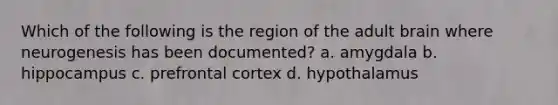 Which of the following is the region of the adult brain where neurogenesis has been documented? a. amygdala b. hippocampus c. prefrontal cortex d. hypothalamus