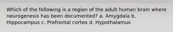 Which of the following is a region of the adult human brain where neurogenesis has been documented? a. Amygdala b. Hippocampus c. Prefrontal cortex d. Hypothalamus