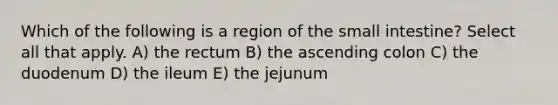 Which of the following is a region of the small intestine? Select all that apply. A) the rectum B) the ascending colon C) the duodenum D) the ileum E) the jejunum