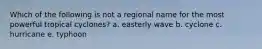 Which of the following is not a regional name for the most powerful tropical cyclones? a. easterly wave b. cyclone c. hurricane e. typhoon