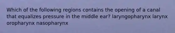 Which of the following regions contains the opening of a canal that equalizes pressure in the middle ear? laryngopharynx larynx oropharynx nasopharynx