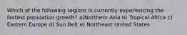 Which of the following regions is currently experiencing the fastest population growth? a)Northern Asia b) Tropical Africa c) Eastern Europe d) Sun Belt e) Northeast United States