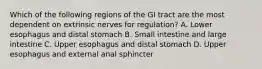 Which of the following regions of the GI tract are the most dependent on extrinsic nerves for regulation? A. Lower esophagus and distal stomach B. Small intestine and large intestine C. Upper esophagus and distal stomach D. Upper esophagus and external anal sphincter