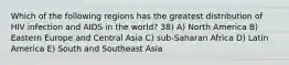 Which of the following regions has the greatest distribution of HIV infection and AIDS in the world? 38) A) North America B) Eastern Europe and Central Asia C) sub-Saharan Africa D) Latin America E) South and Southeast Asia