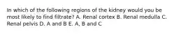 In which of the following regions of the kidney would you be most likely to find filtrate? A. Renal cortex B. Renal medulla C. Renal pelvis D. A and B E. A, B and C