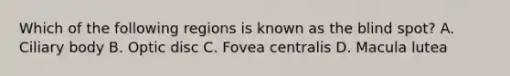 Which of the following regions is known as the blind spot? A. Ciliary body B. Optic disc C. Fovea centralis D. Macula lutea