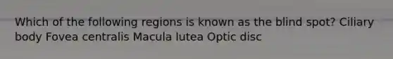 Which of the following regions is known as the blind spot? Ciliary body Fovea centralis Macula lutea Optic disc