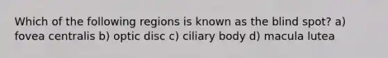 Which of the following regions is known as the blind spot? a) fovea centralis b) optic disc c) ciliary body d) macula lutea