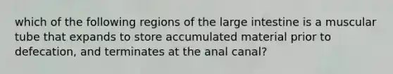 which of the following regions of the large intestine is a muscular tube that expands to store accumulated material prior to defecation, and terminates at the anal canal?