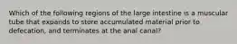 Which of the following regions of the large intestine is a muscular tube that expands to store accumulated material prior to defecation, and terminates at the anal canal?