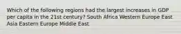 Which of the following regions had the largest increases in GDP per capita in the 21st century? South Africa Western Europe East Asia Eastern Europe Middle East