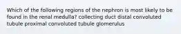 Which of the following regions of the nephron is most likely to be found in the renal medulla? collecting duct distal convoluted tubule proximal convoluted tubule glomerulus