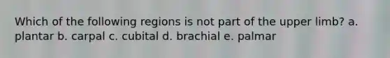 Which of the following regions is not part of the upper limb? a. plantar b. carpal c. cubital d. brachial e. palmar