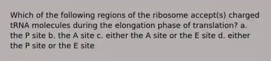 Which of the following regions of the ribosome accept(s) charged tRNA molecules during the elongation phase of translation? a. the P site b. the A site c. either the A site or the E site d. either the P site or the E site