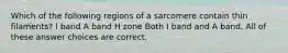 Which of the following regions of a sarcomere contain thin filaments? I band A band H zone Both I band and A band. All of these answer choices are correct.