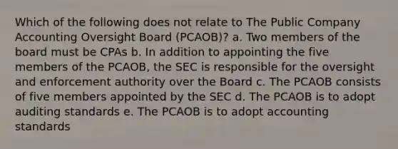 Which of the following does not relate to The Public Company Accounting Oversight Board (PCAOB)? a. Two members of the board must be CPAs b. In addition to appointing the five members of the PCAOB, the SEC is responsible for the oversight and enforcement authority over the Board c. The PCAOB consists of five members appointed by the SEC d. The PCAOB is to adopt auditing standards e. The PCAOB is to adopt accounting standards