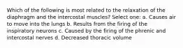 Which of the following is most related to the relaxation of the diaphragm and the intercostal muscles? Select one: a. Causes air to move into the lungs b. Results from the firing of the inspiratory neurons c. Caused by the firing of the phrenic and intercostal nerves d. Decreased thoracic volume