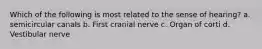 Which of the following is most related to the sense of hearing? a. semicircular canals b. First cranial nerve c. Organ of corti d. Vestibular nerve