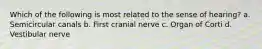 Which of the following is most related to the sense of hearing? a. Semicircular canals b. First cranial nerve c. Organ of Corti d. Vestibular nerve