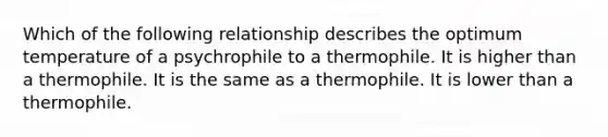 Which of the following relationship describes the optimum temperature of a psychrophile to a thermophile. It is higher than a thermophile. It is the same as a thermophile. It is lower than a thermophile.