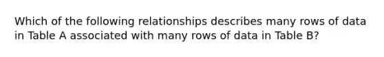 Which of the following relationships describes many rows of data in Table A associated with many rows of data in Table B?