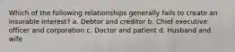 Which of the following relationships generally fails to create an insurable interest? a. Debtor and creditor b. Chief executive officer and corporation c. Doctor and patient d. Husband and wife