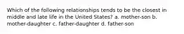 Which of the following relationships tends to be the closest in middle and late life in the United States? a. mother-son b. mother-daughter c. father-daughter d. father-son