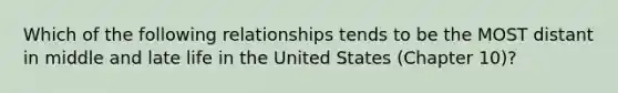 Which of the following relationships tends to be the MOST distant in middle and late life in the United States (Chapter 10)?