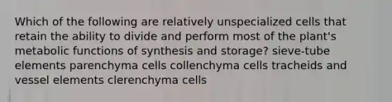 Which of the following are relatively unspecialized cells that retain the ability to divide and perform most of the plant's metabolic functions of synthesis and storage? sieve-tube elements parenchyma cells collenchyma cells tracheids and vessel elements clerenchyma cells