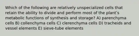 Which of the following are relatively unspecialized cells that retain the ability to divide and perform most of the plantʹs metabolic functions of synthesis and storage? A) parenchyma cells B) collenchyma cells C) clerenchyma cells D) tracheids and vessel elements E) sieve-tube elements