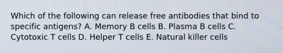 Which of the following can release free antibodies that bind to specific antigens? A. Memory B cells B. Plasma B cells C. Cytotoxic T cells D. Helper T cells E. Natural killer cells