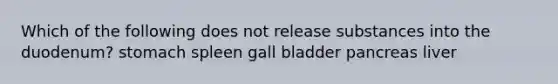Which of the following does not release substances into the duodenum? stomach spleen gall bladder pancreas liver