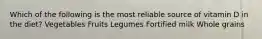 Which of the following is the most reliable source of vitamin D in the diet? Vegetables Fruits Legumes Fortified milk Whole grains