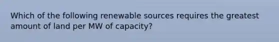 Which of the following renewable sources requires the greatest amount of land per MW of capacity?