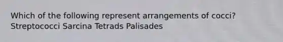 Which of the following represent arrangements of cocci? Streptococci Sarcina Tetrads Palisades