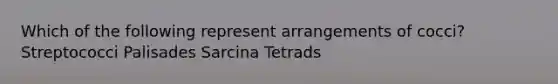 Which of the following represent arrangements of cocci? Streptococci Palisades Sarcina Tetrads