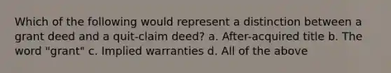 Which of the following would represent a distinction between a grant deed and a quit-claim deed? a. After-acquired title b. The word "grant" c. Implied warranties d. All of the above