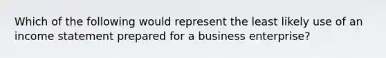 Which of the following would represent the least likely use of an <a href='https://www.questionai.com/knowledge/kCPMsnOwdm-income-statement' class='anchor-knowledge'>income statement</a> prepared for a business enterprise?